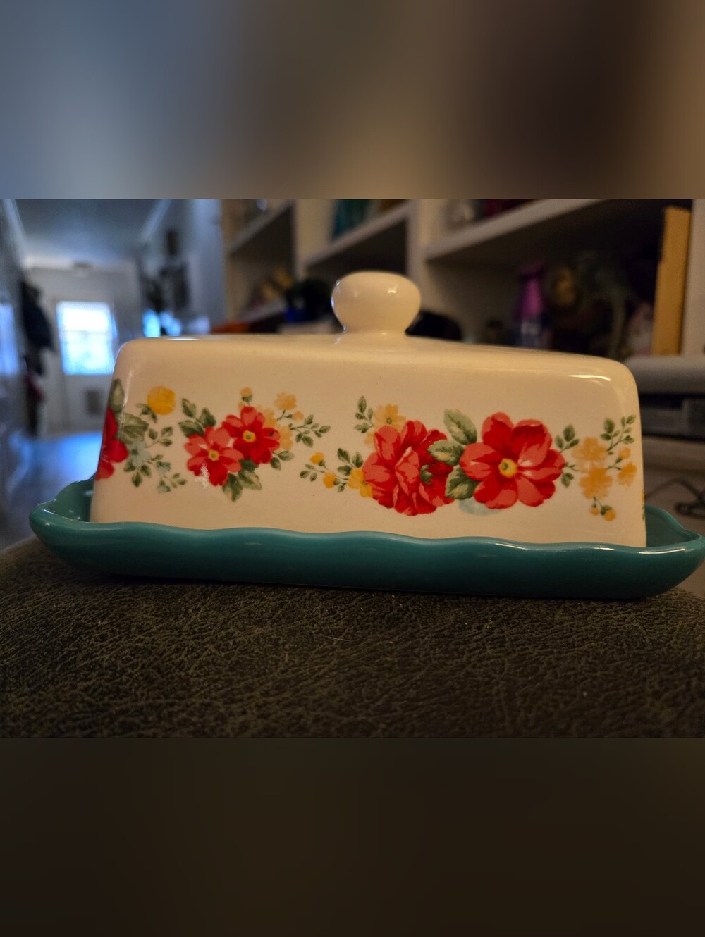 Pioneer Woman, Melody, Floral Ceramic Butter Dish, Turquoise Base, X